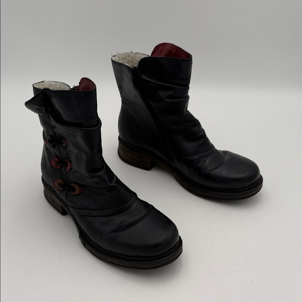 Rieker Leather Combat Boots navy red Accents women 37 lined cozy casual goth Y2K
